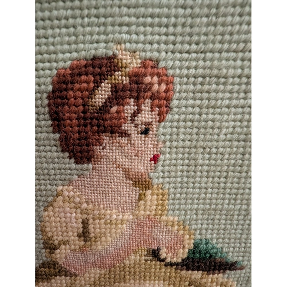 Vintage Framed Needlepoint Art Little Girl Embroidery Wall Decor Home Accent - Picture 3 of 4